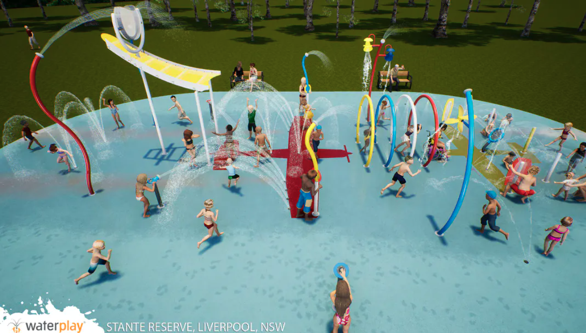 An artists impression of the water play area with kids enjoying the facilities